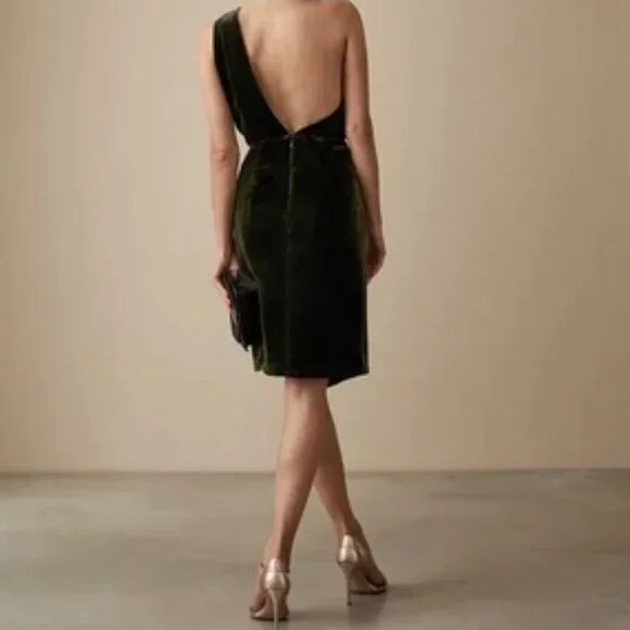 NWT Reiss EDEN Green Velvet One Shoulder Evening Cocktail Midi Dress Size 4 - Picture 4 of 8